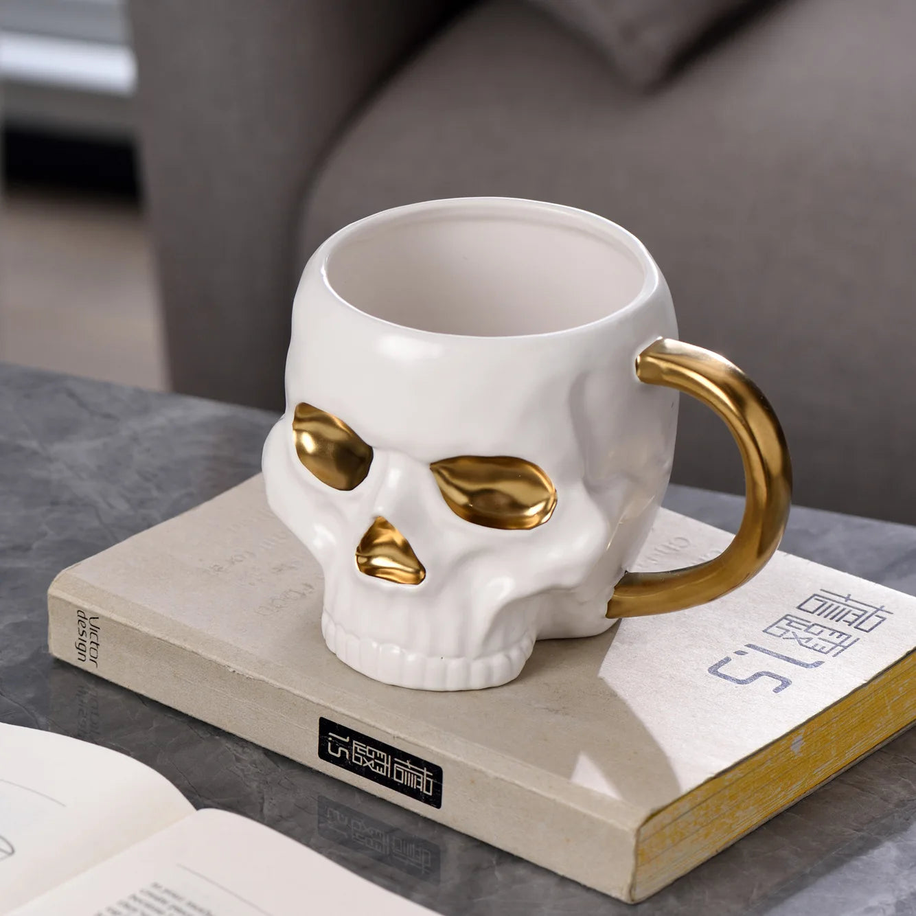 Gothic Novelty Skull Mug with Gold Handles